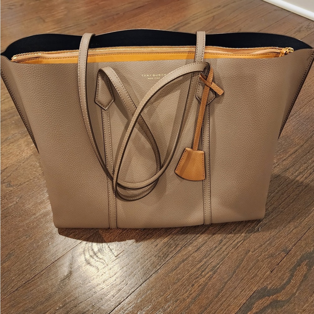 Tory Burch Taupe Leather Tote with Yellow Accent